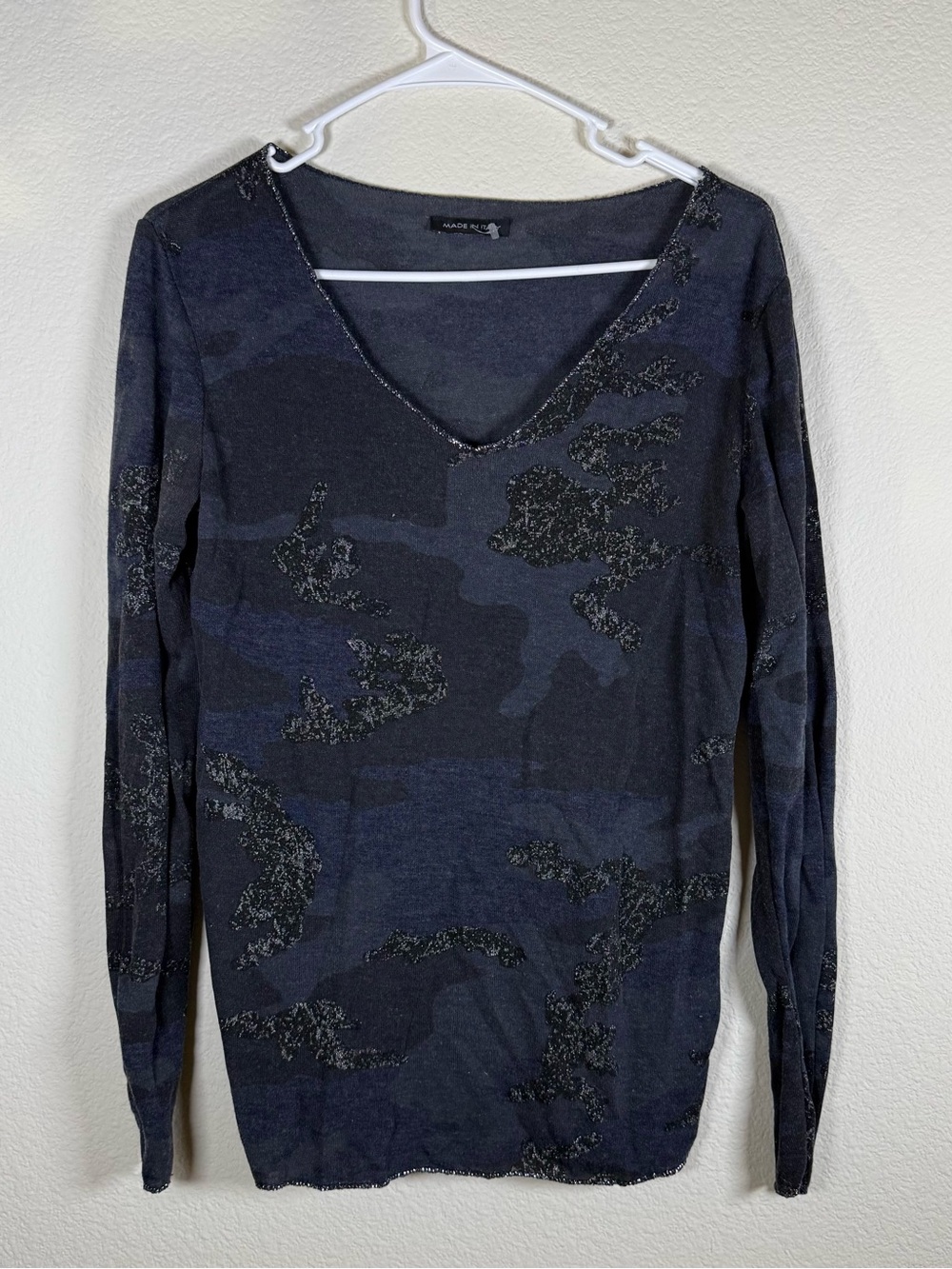 Made In Italy Dark Navy Abstract Metallic Long Sleeve Sheer Knit Top Y2K